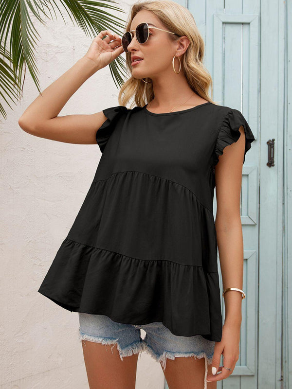Round Neck Flutter Sleeve Tiered Blouse - Crazy Like a Daisy Boutique