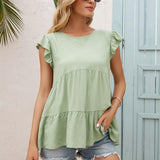 Round Neck Flutter Sleeve Tiered Blouse - Crazy Like a Daisy Boutique #