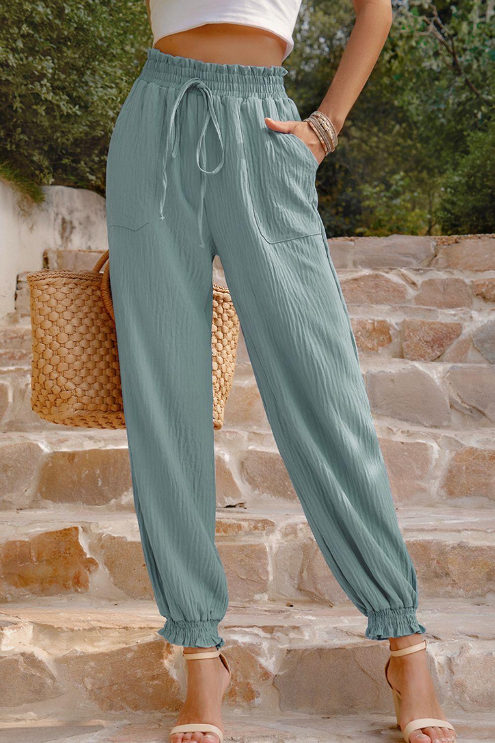 Textured Smocked Waist Pants with Pockets - Crazy Like a Daisy Boutique