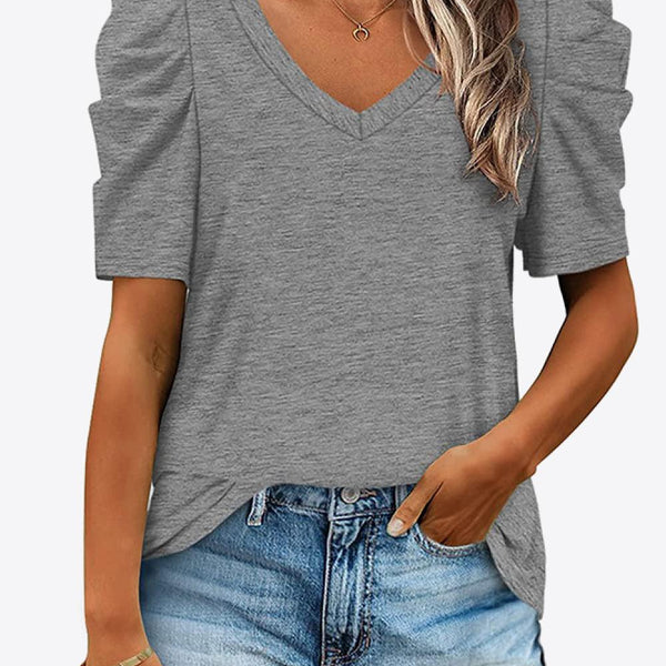 V-Neck Puff Sleeve Tee - Crazy Like a Daisy Boutique #