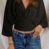 V-Neck Ruched Three-Quarter Sleeve Blouse - Crazy Like a Daisy Boutique