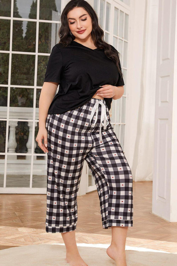 V-Neck Tee and Plaid Cropped Pants Lounge Set - Crazy Like a Daisy Boutique #
